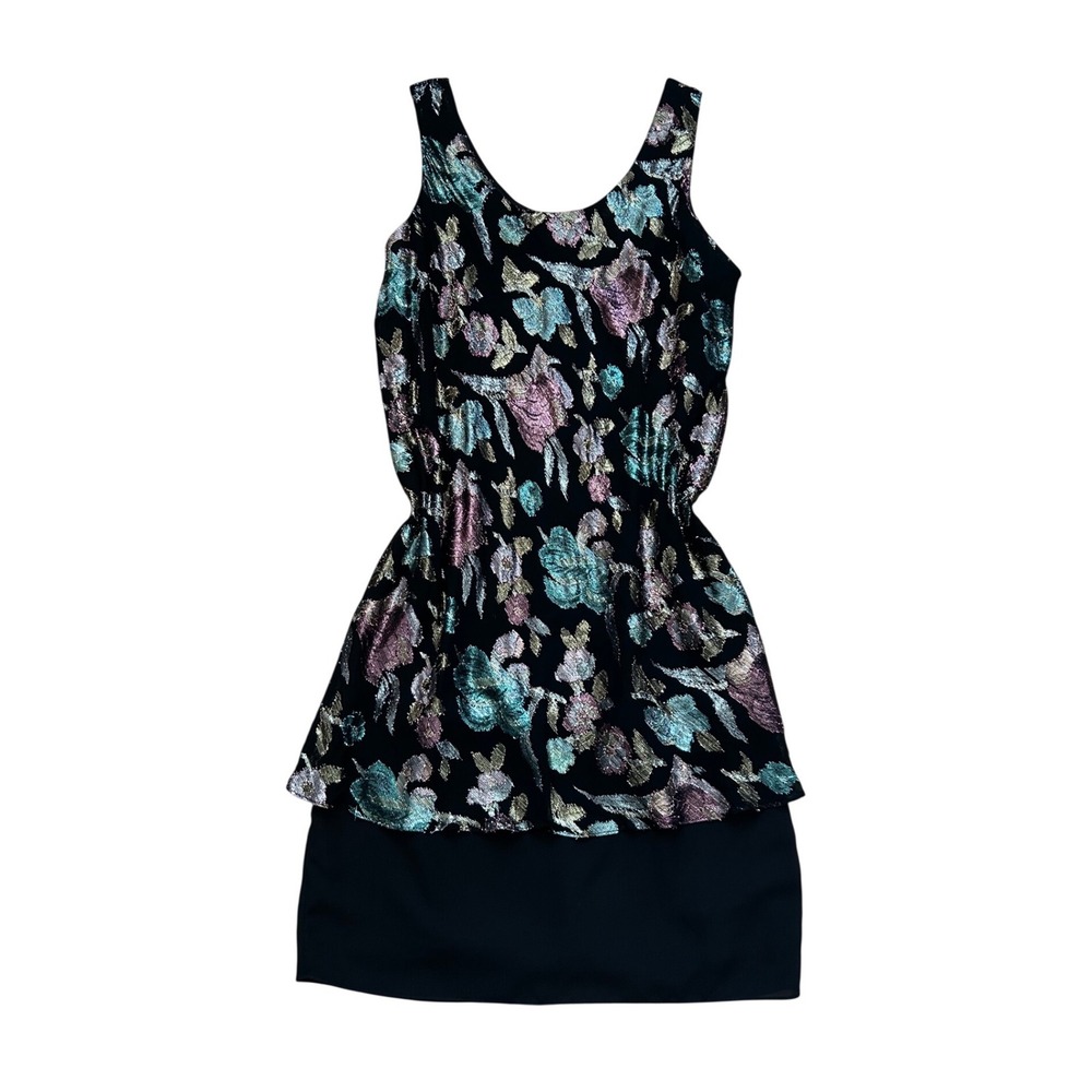 Vtg Metallic Floral Jacquard Layered sheer bottom Mini Dress Black Sleeveless